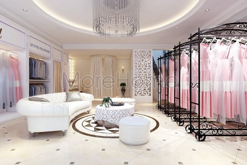 Mẫu thiết kế sofa bọc da tân cổ điển màu trắng cao cấp tạo điểm nhấn nổi bật cho showroom áo cưới thêm sang trọng, lộng lẫy Sofa tân cổ điển cao cấp