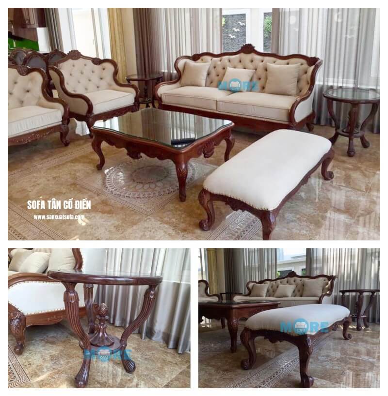 Bàn giao Sofa tân cổ điển MS-011 gỗ tự nhiên óc chó kết hợp bọc nỉ nhập khẩu cao cấp màu trắng nổi bật tại chung cư Gardenia Sofa tân cổ điển cao cấp
