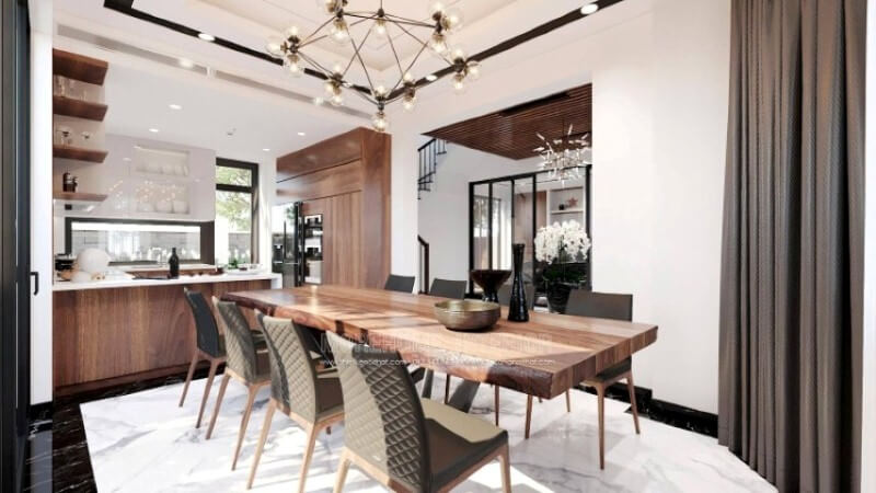 Sẽ là một gợi ý sáng tạo sẽ khiến bạn thích thú như trong mẫu thiết kế phòng bếp hiện đại biệt thự Vinhomes Imperia Hải Phòng trong đây, thiết kế kệ trang trí ở vị trí gần bàn ăn nhất giúp bạn lấy ly, chén một cách dễ dàng. Thiết kế phòng bếp, tủ bếp đẹp