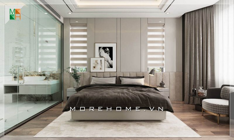 Tranh canvas được treo đầu giường là một điểm nhắn khiến căn phòng ngủ trở nên sáng và sang trọng hơn.